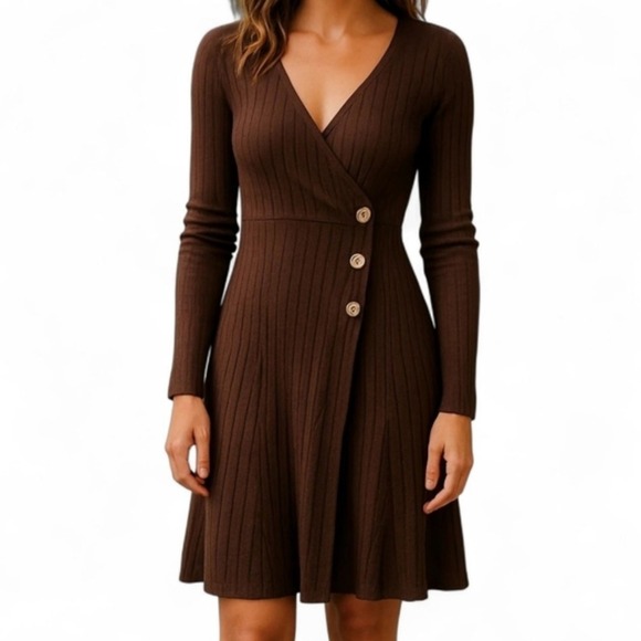 Nasty Gal Dresses & Skirts - NASTY GAL Ribbed‎ Wrap Mini Dress Brown Buttons Long Sleeves Sz 4 Y2K Minimalist
